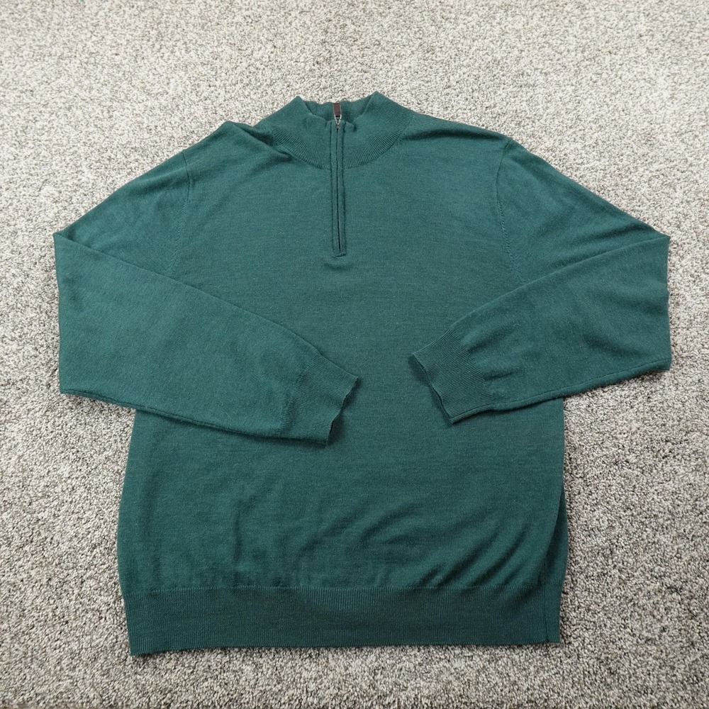 Jos A Bank Sweater Mens 2XL Green Merino Wool Pullover 1/4 Zip Mock Neck Cozy